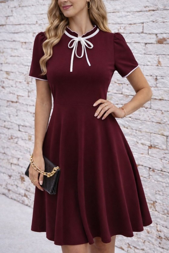 Women's Short Sleeve Neck Tie and Ruffled Midi Ruffle Crepe Dress