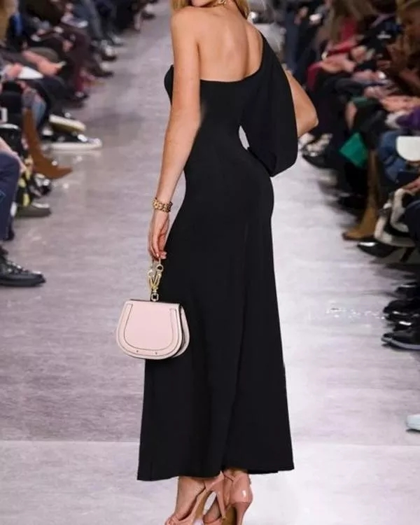 One-Shoulder Open Deep Slit Crepe Full-Length Dress