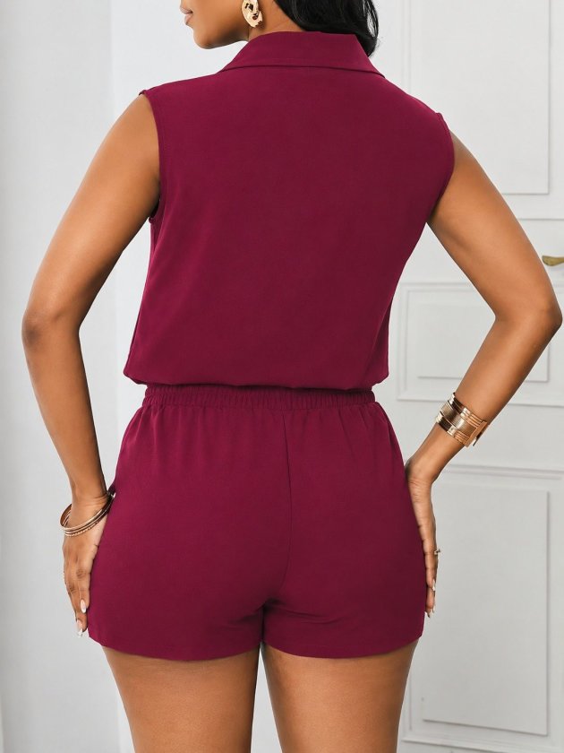 Women's Sleeveless Collar Front Buttoned Dubai Blouse and Drawstring Short Two-Piece Set