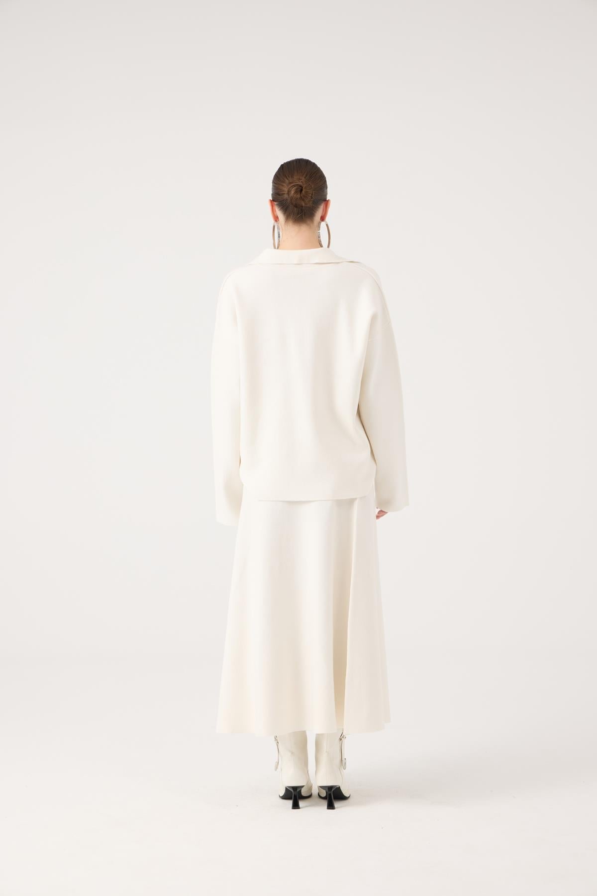 Oversize Kesim Polo Yaka Zoi Triko Kazak Beyaz