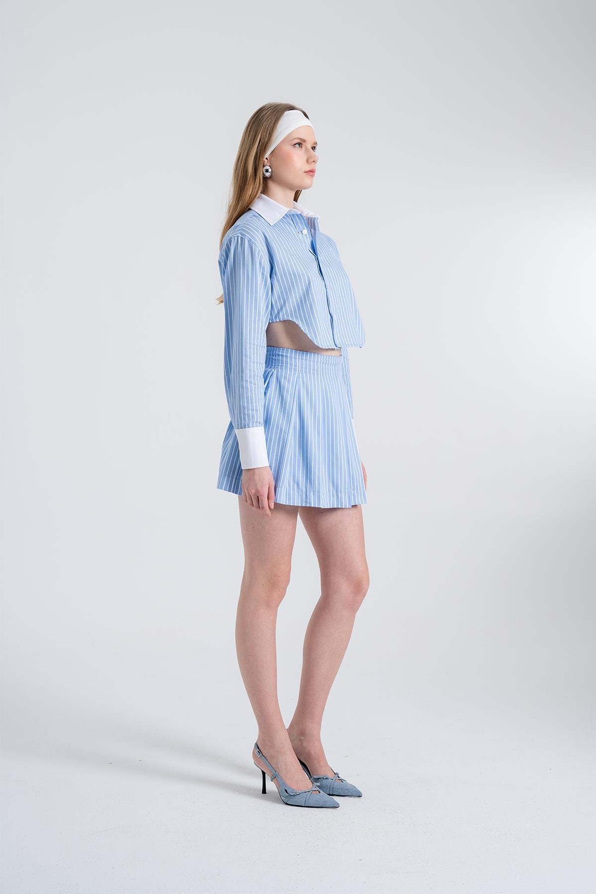 Çizgili Pilili Mini Harmony Poplin Etek Mavi