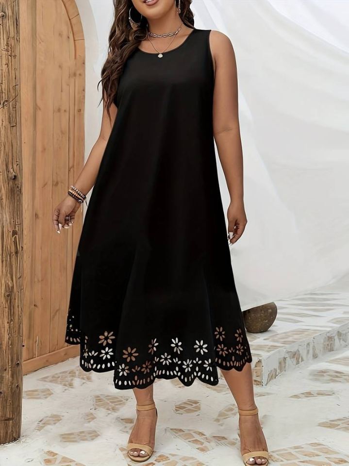 Women's Sleeveless Laser-Cut Hem Floral Pattern Midi Ruffled Crepe Dress