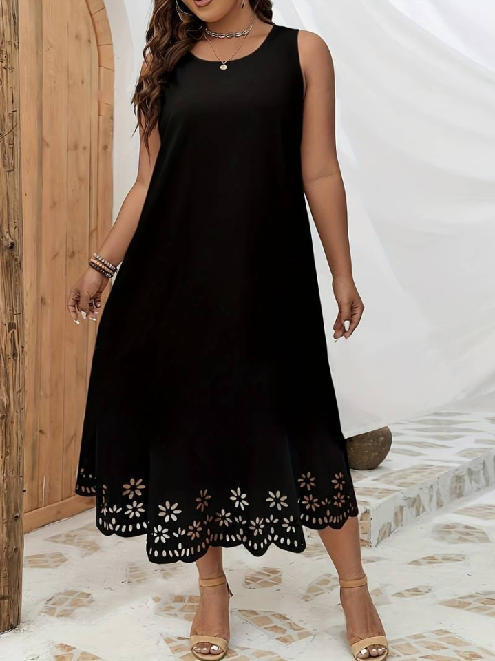 Women's Sleeveless Laser-Cut Hem Floral Pattern Midi Ruffled Crepe Dress