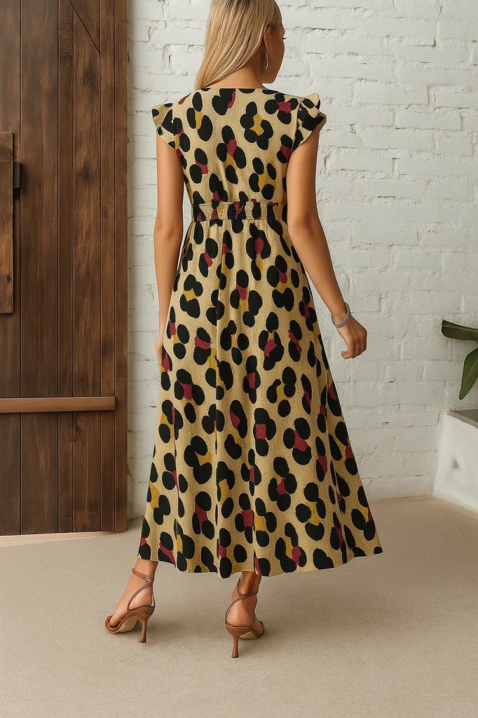 Women's Short Sleeve V-Neck Patterned Side Slit Supreme Dress