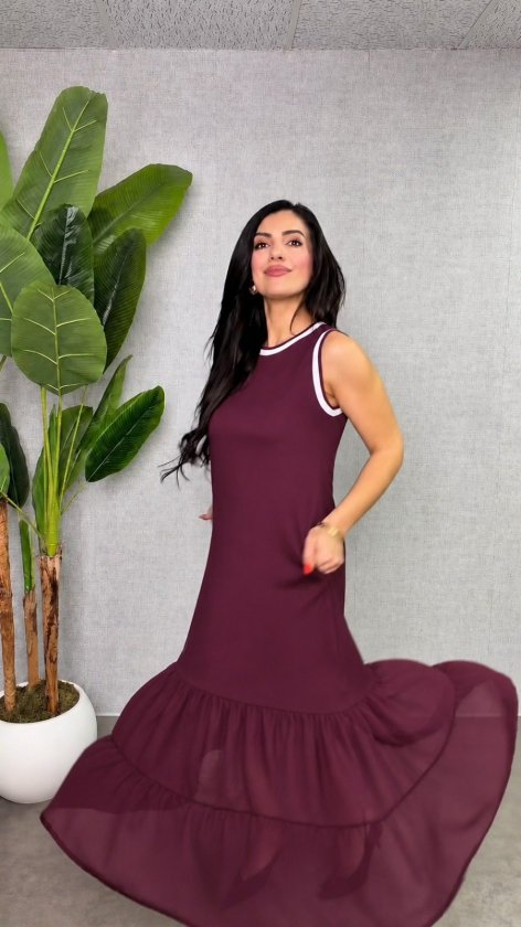 Women's Strappy Round Neck Chiffon Hem Detail Long Viscose Double Thread Dress