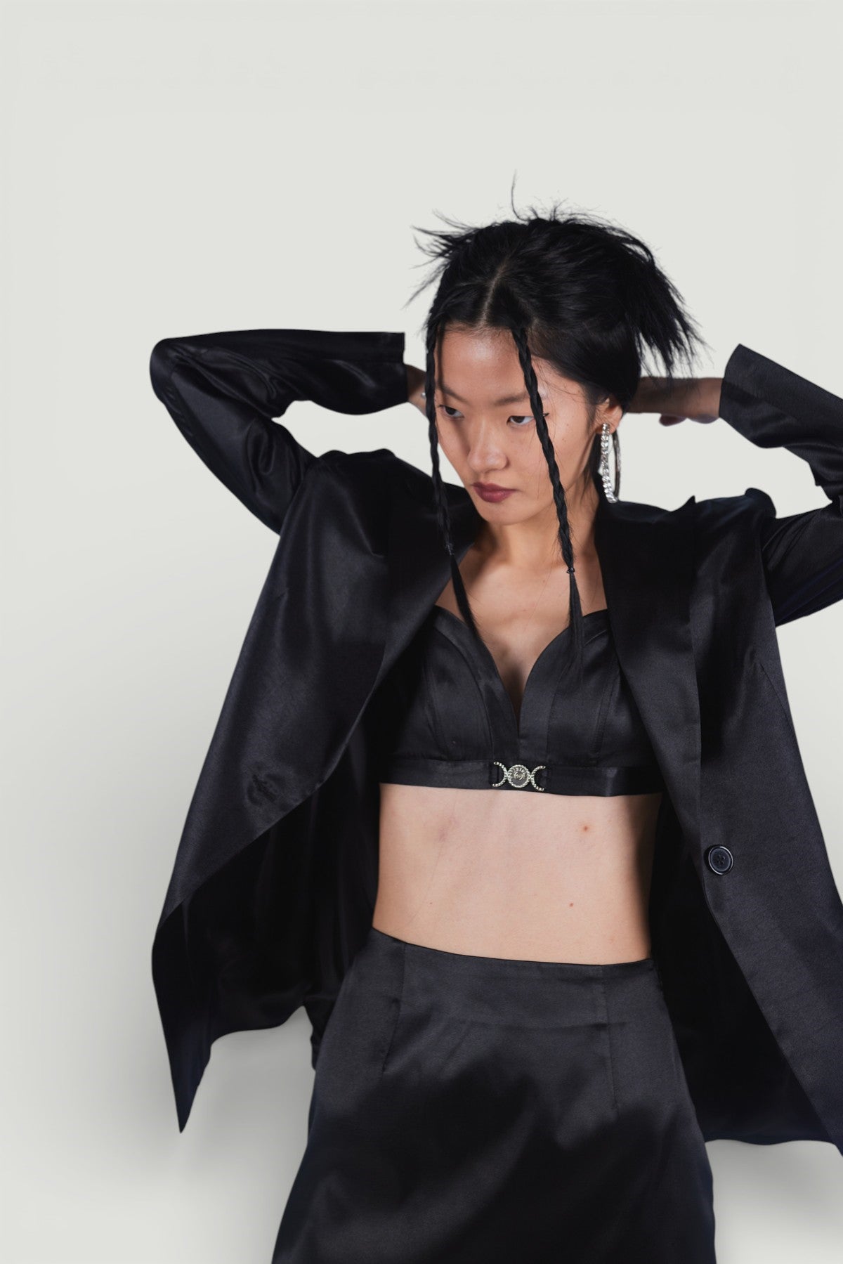 Askılı Crop Saten Fancy Büstiyer Siyah