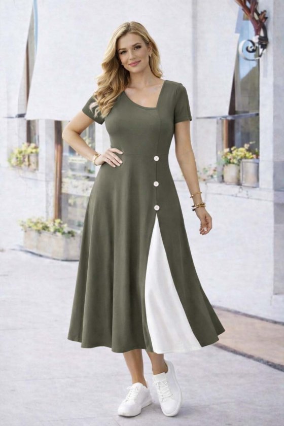Women's Short Sleeve Asymmetric Collar Button Detail Midi Viscose Dress