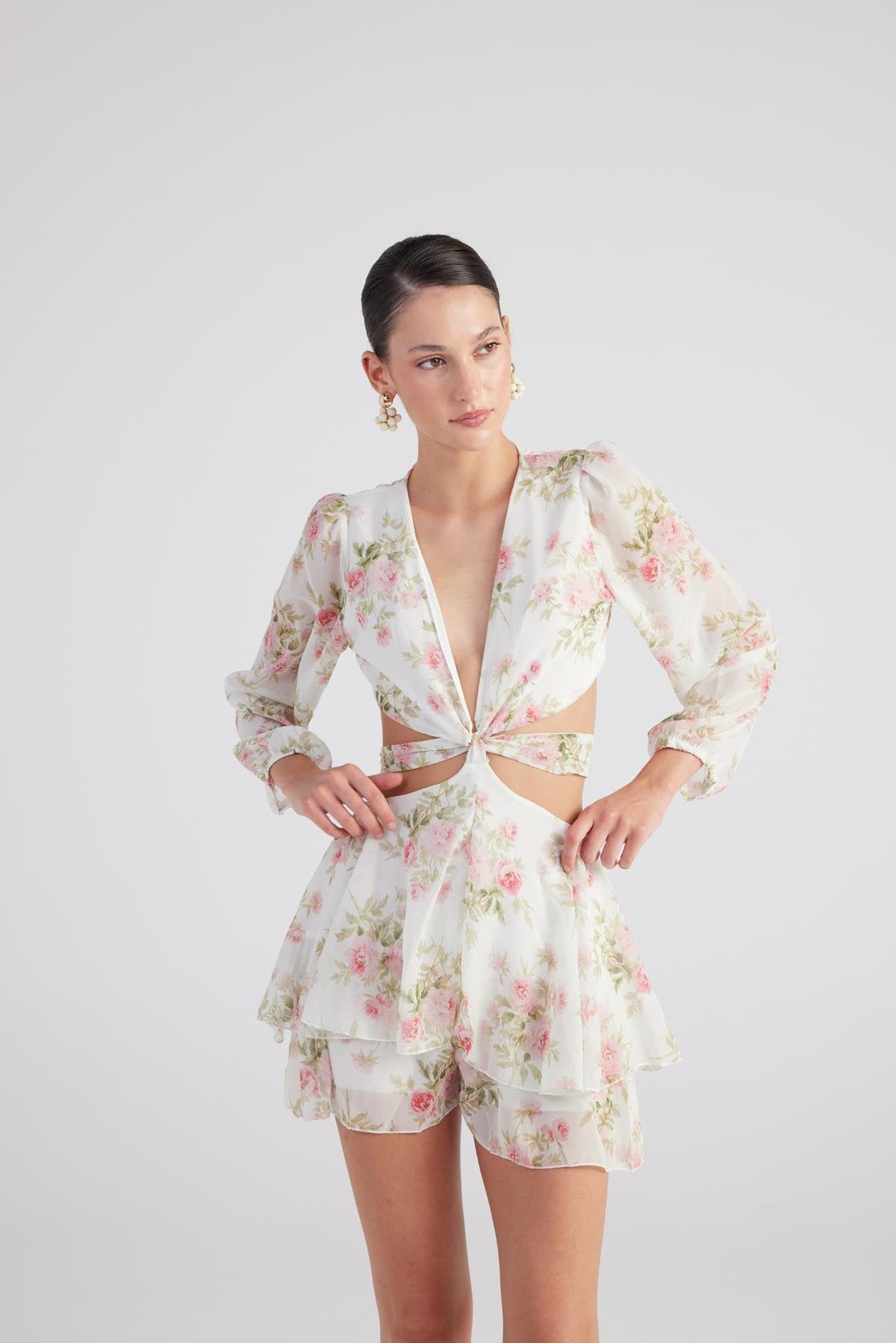 Çiçek Desenli Mini Amalfi Elbise Ekru