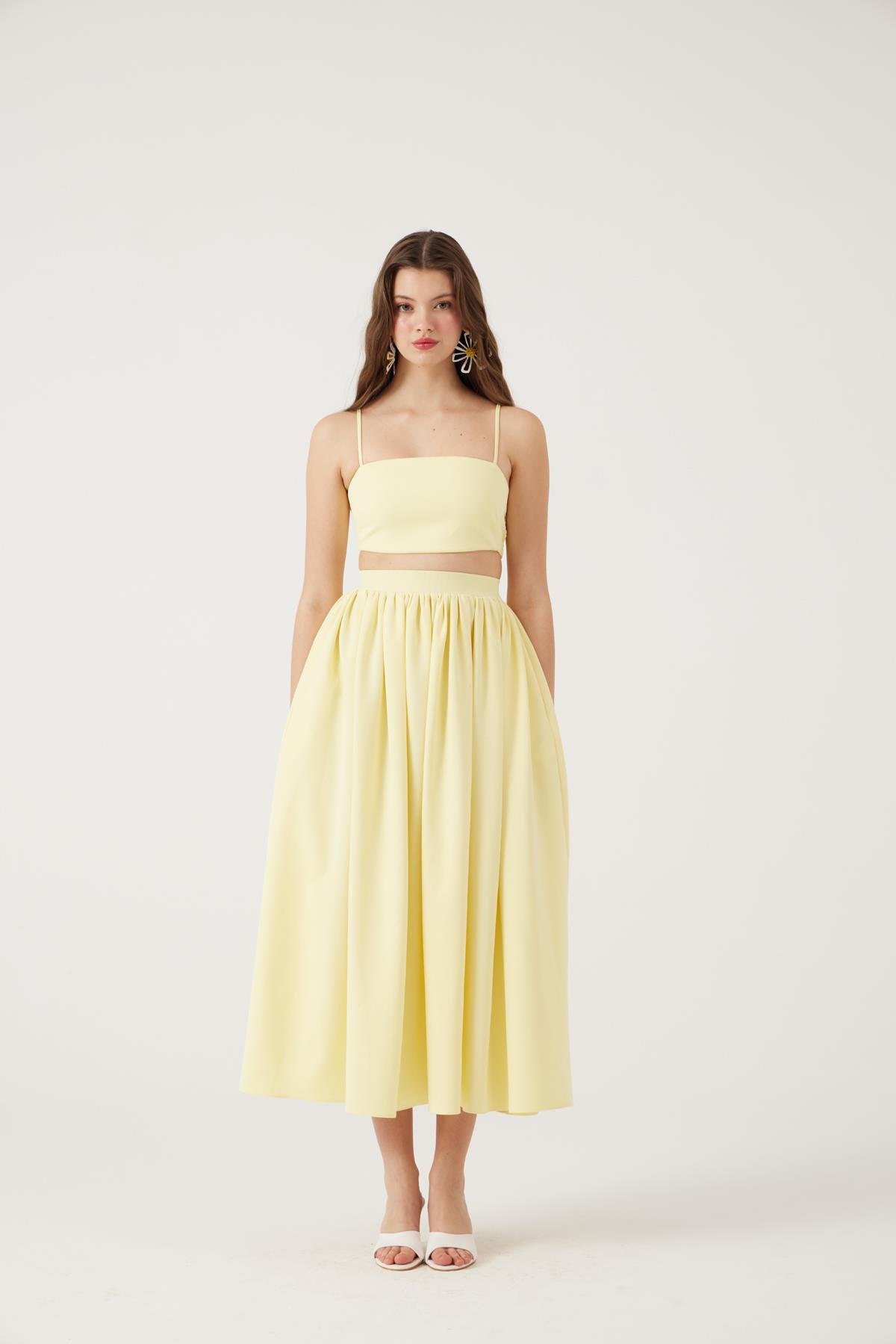 Cepli Uzun Etek ve Crop İkili Isabella Takım Sarı