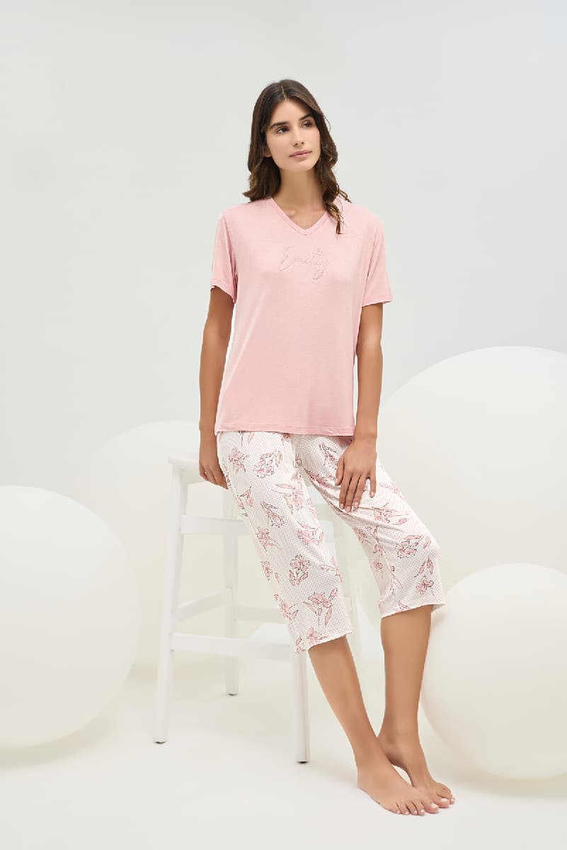 16708 Kadın V Yaka Taş Baskılı Kapri Takım