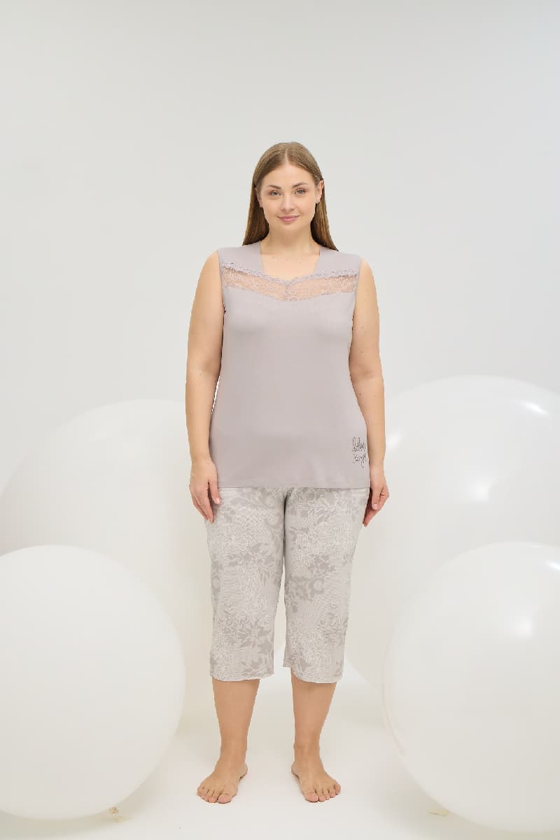 16766 KADIN BIG SIZE TAŞ BASKILI KISA PİJAMA TAKIM