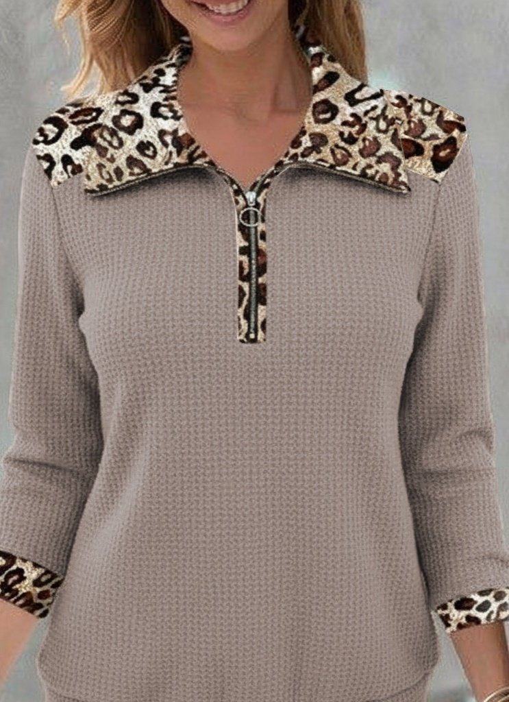 Kadın Uzun Kollu Leopar Yakalı Fermuarlı Waffle Bluz
