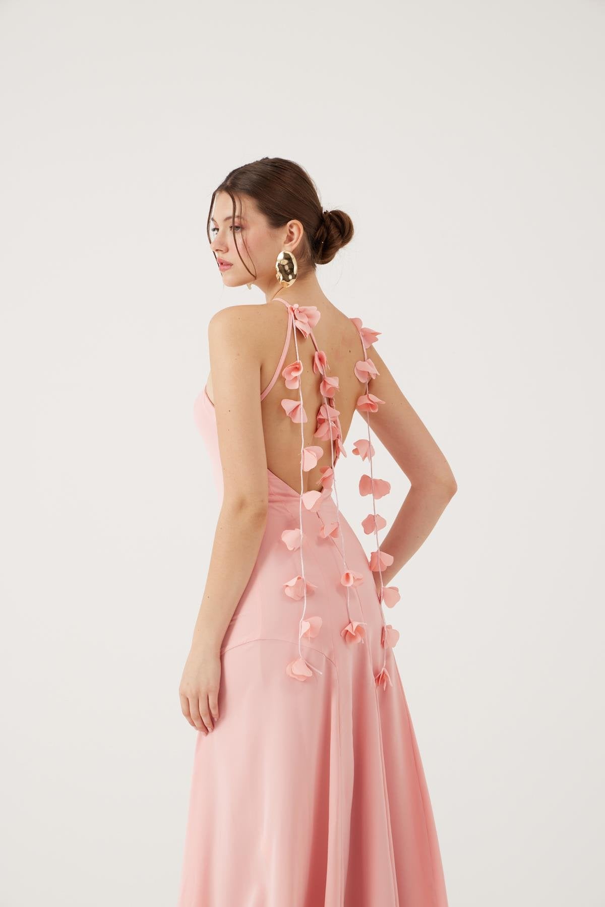 Askıları Yaprak Detaylı Uzun Raina Elbise Pembe Pembe L