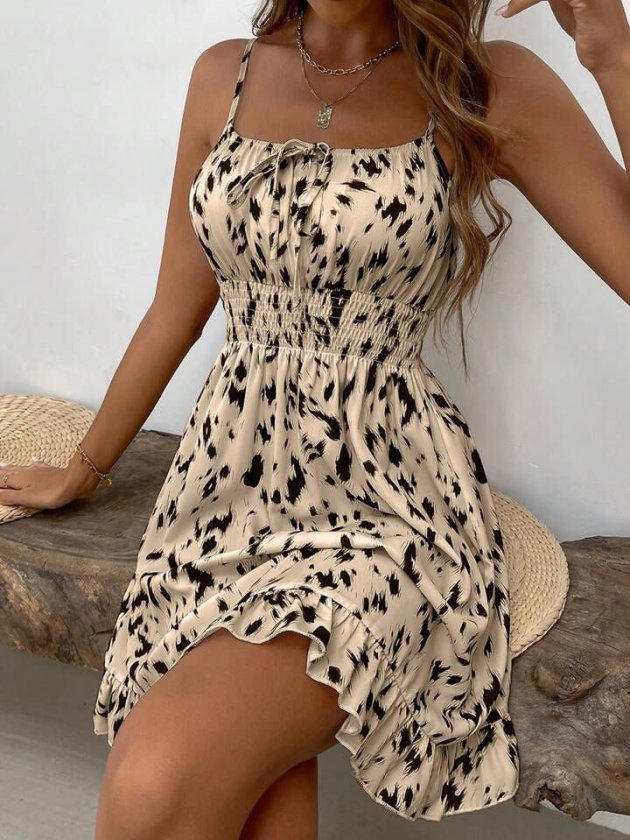 Women's Spaghetti Strap Gathered Neck Elastic Waist Short Supreme Dress