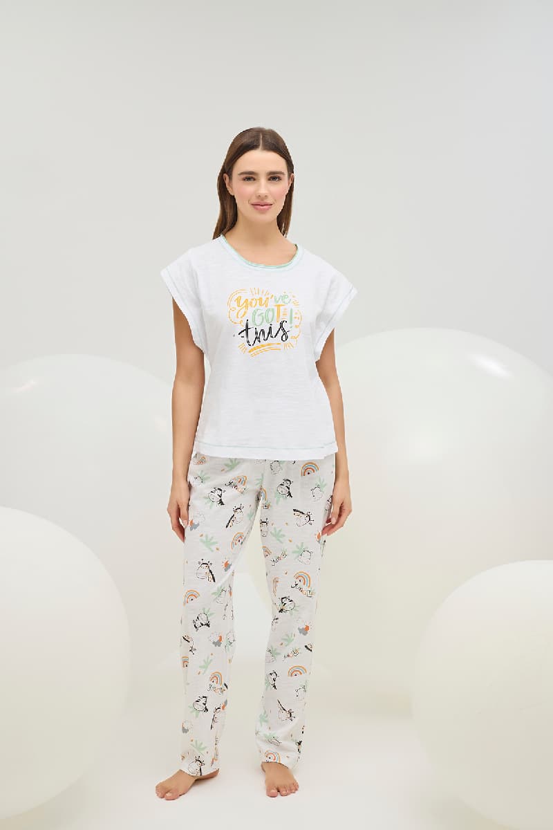 16843 Kadın Baskılı Bisiklet Yaka Pijama Takımı