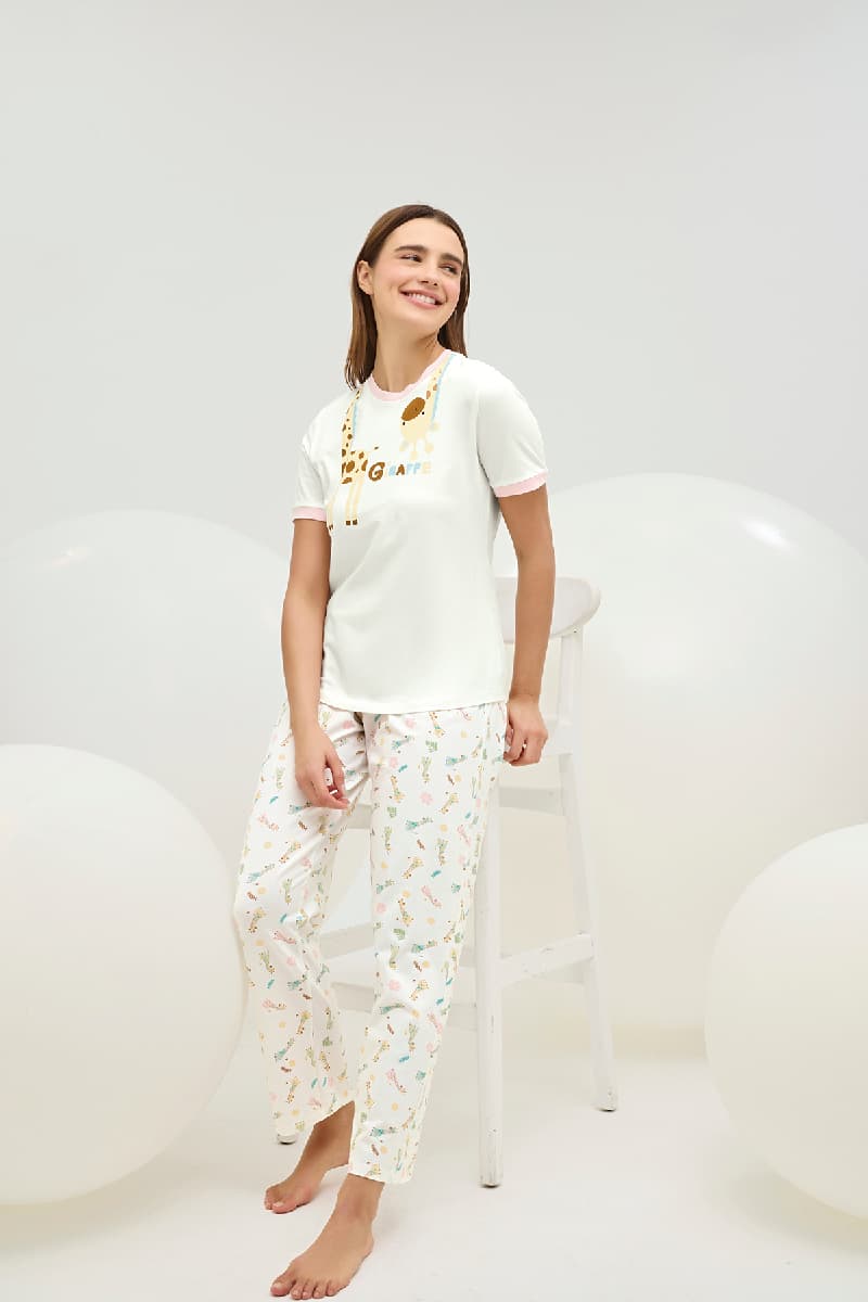 16815 Kadın Bisiklet Yaka Baskılı Pijama Takımı