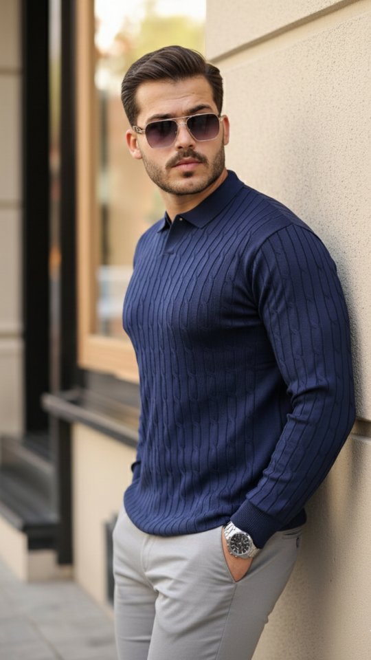 Erkek Saç örgü Desenli Uzun Kollu Triko