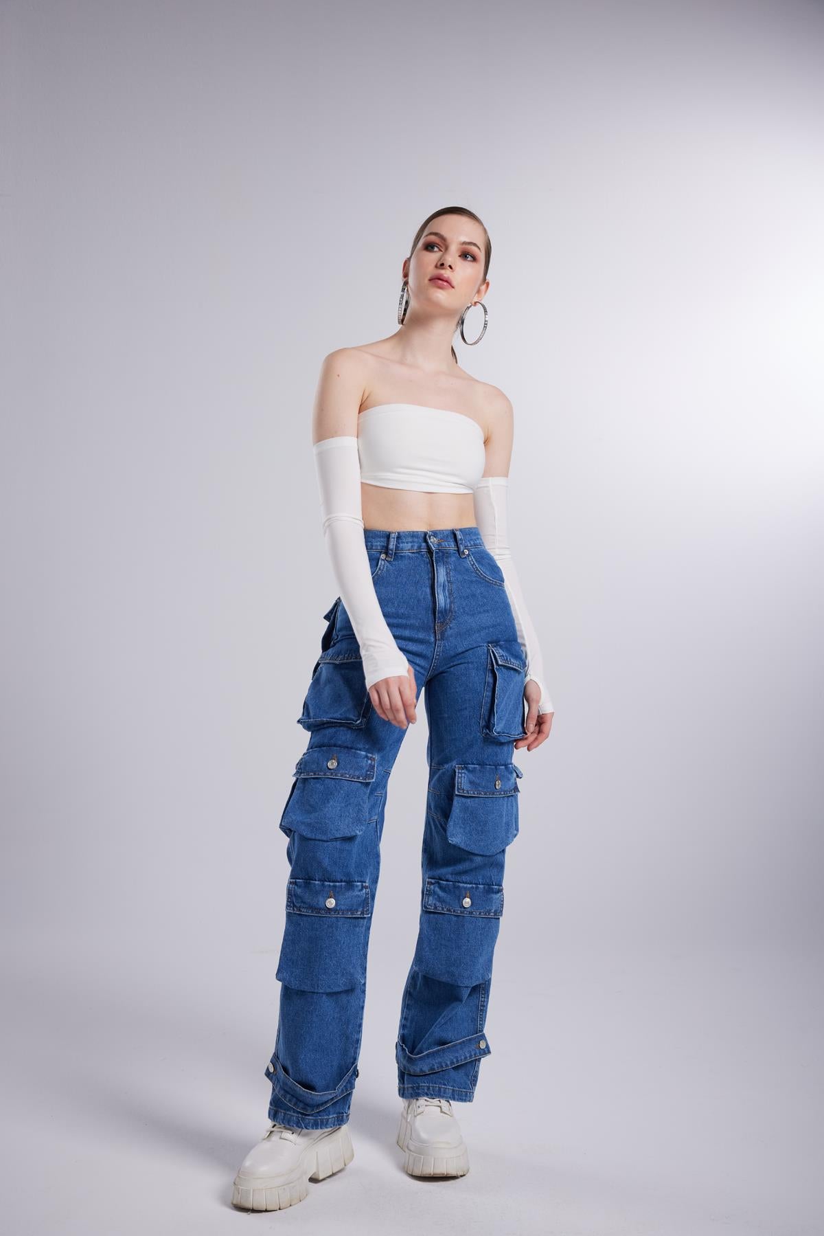 Yüksek Bel Wide Leg Cargo Jean Pantolon Mavi