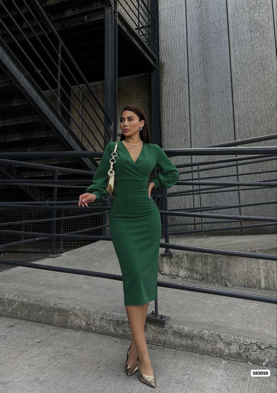 Women's Wrap Neck Balloon Sleeve Glitter Crepe Fabric Midi Dress