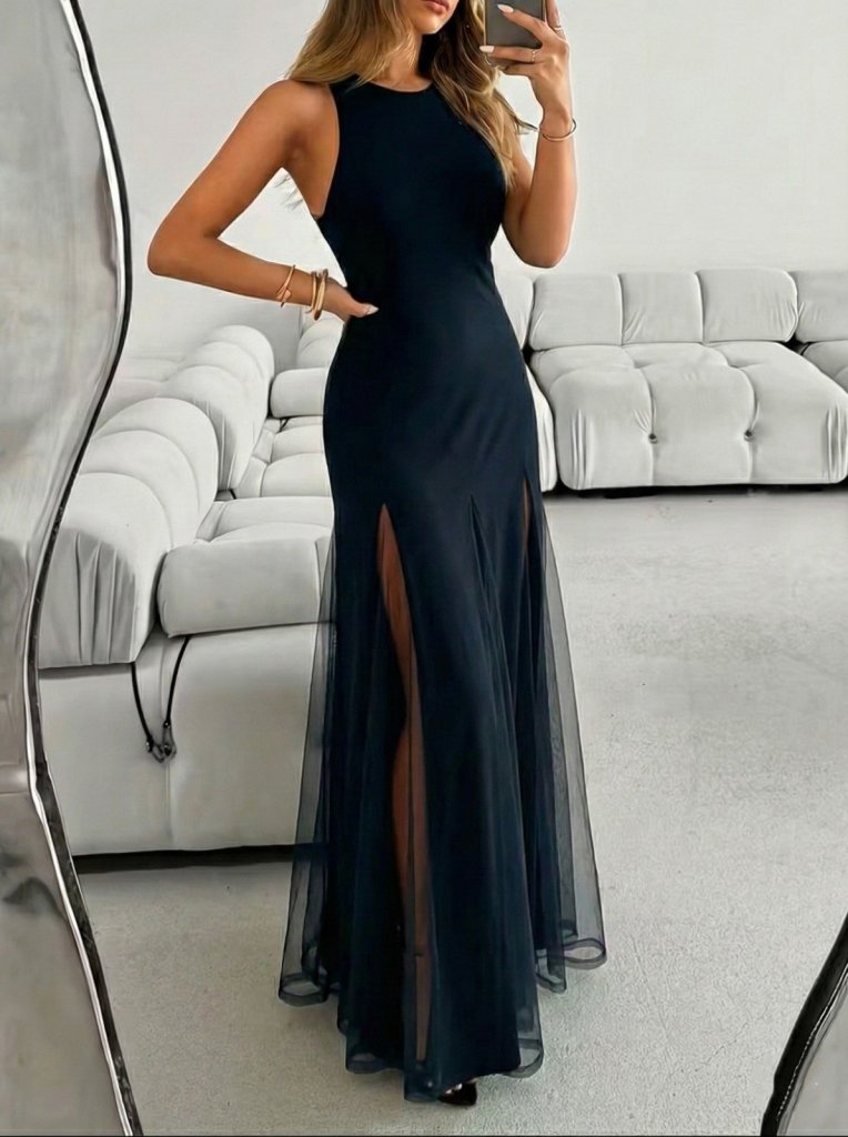 Women's Strappy Crew Neck Hem Tulle Detailed Asymmetric Flared Long Imported Crepe Dress