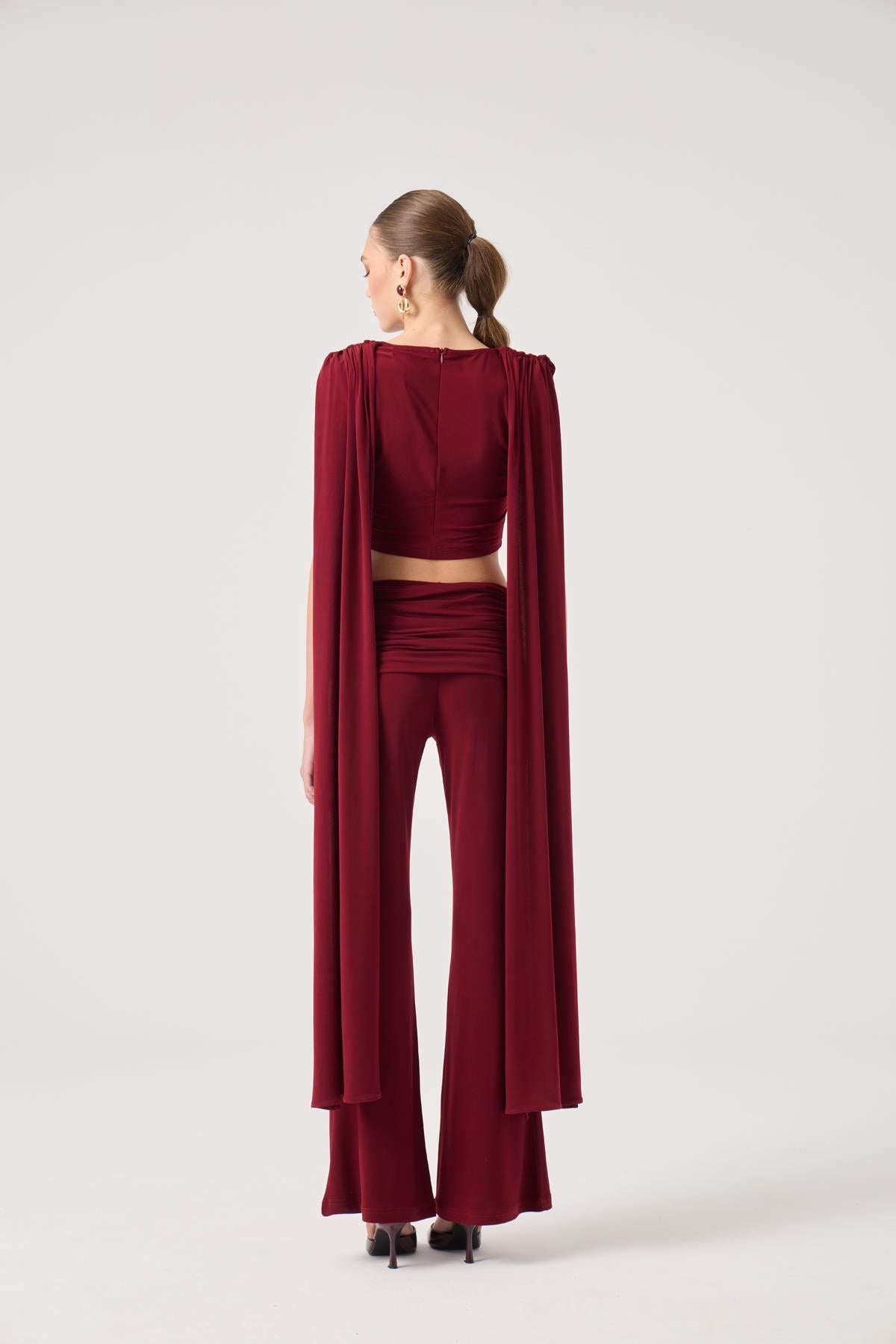 Şal Detaylı Bluz ve İspanyol Pantolonlu Finley Takım Bordo