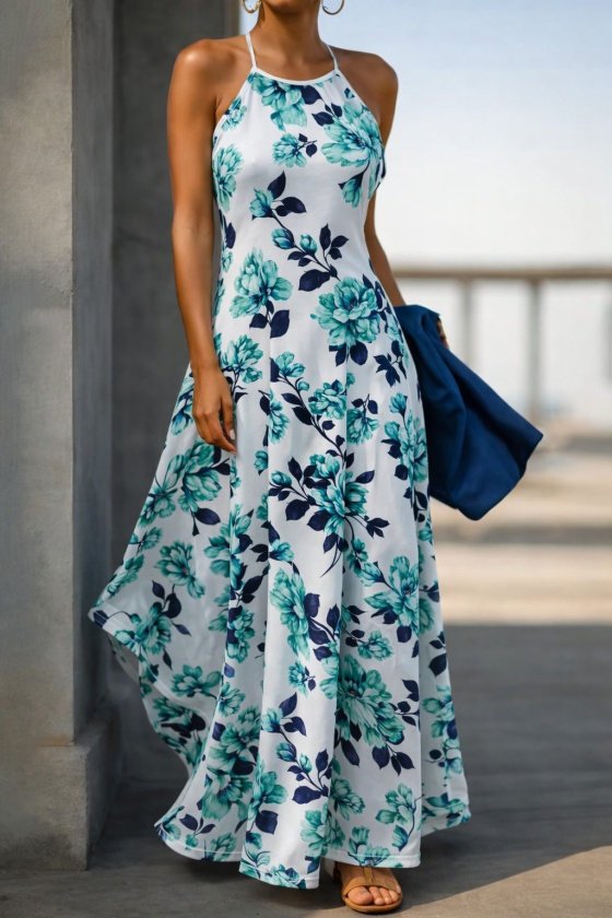 Women's Off-Shoulder Strap Patterned Long Supreme Dress