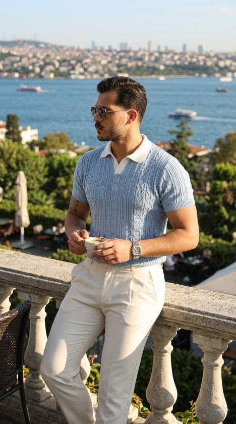 Men's Patterned Short Sleeve Knit T-Shirt - 100% Cotton Acrylic