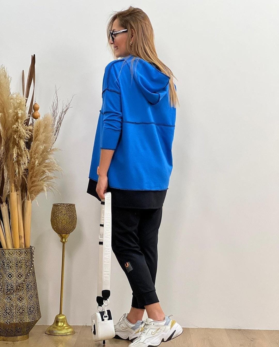Women's Hooded Hem Detail Emblem Reverse Stitch Look Two-Piece Set