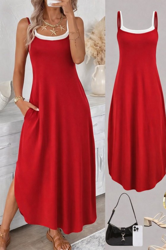 Women's Spaghetti Strap Round Neck Pocket Long Viscose Dress