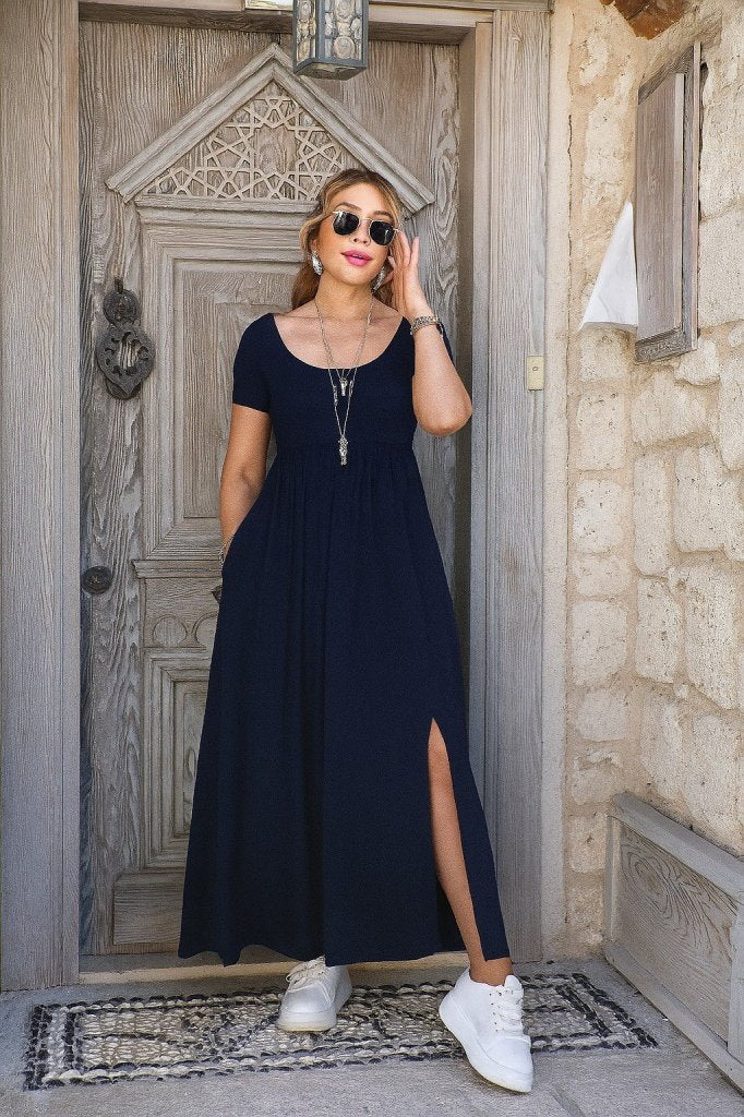 Women's Short Sleeve Round Neck Front Slit Pocket Viscose Long Dress