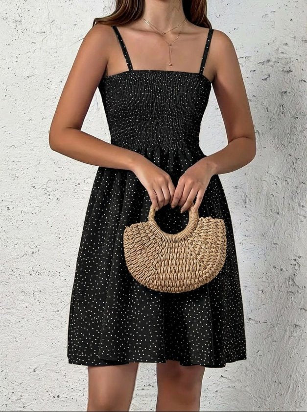Women's Spaghetti Strap Pleated Patterned Short Supreme Dress