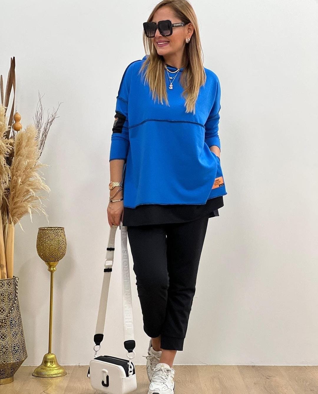 Women's Hooded Hem Detail Emblem Reverse Stitch Look Two-Piece Set