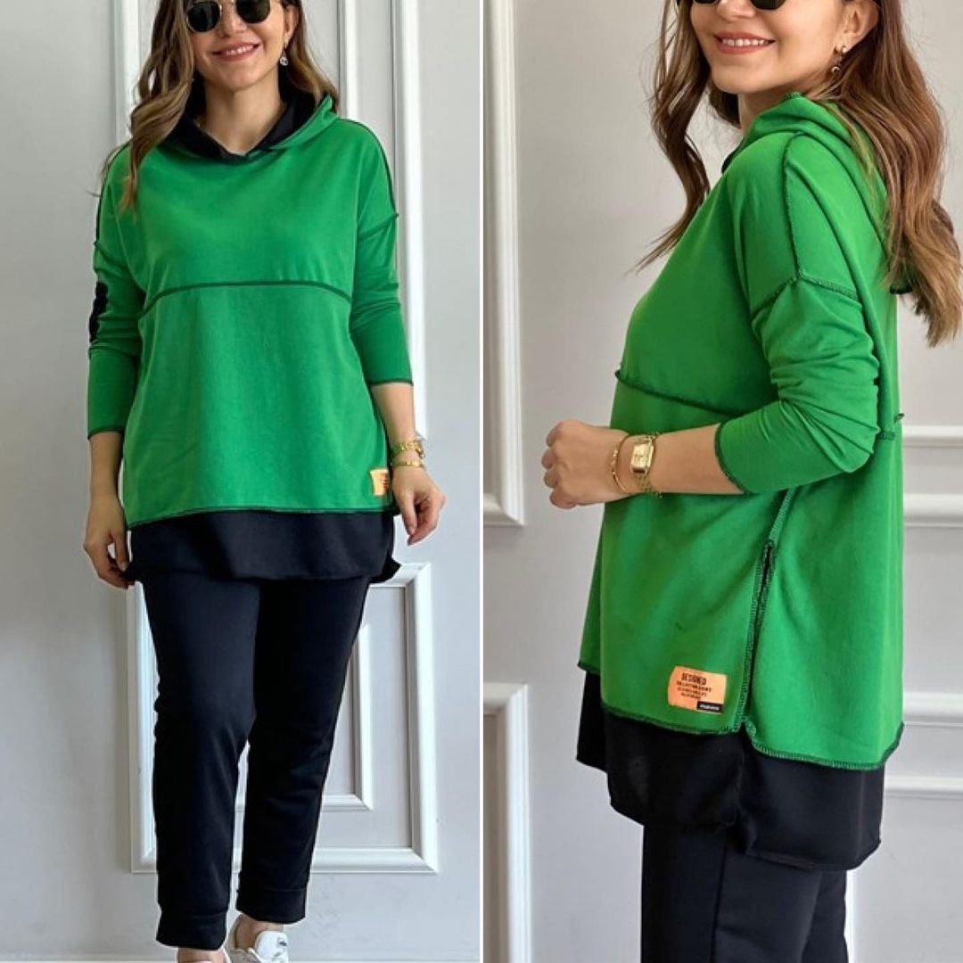 Women's Green Hooded Hem Detail Patch Reverse Stitch Appearance Two-Piece Set