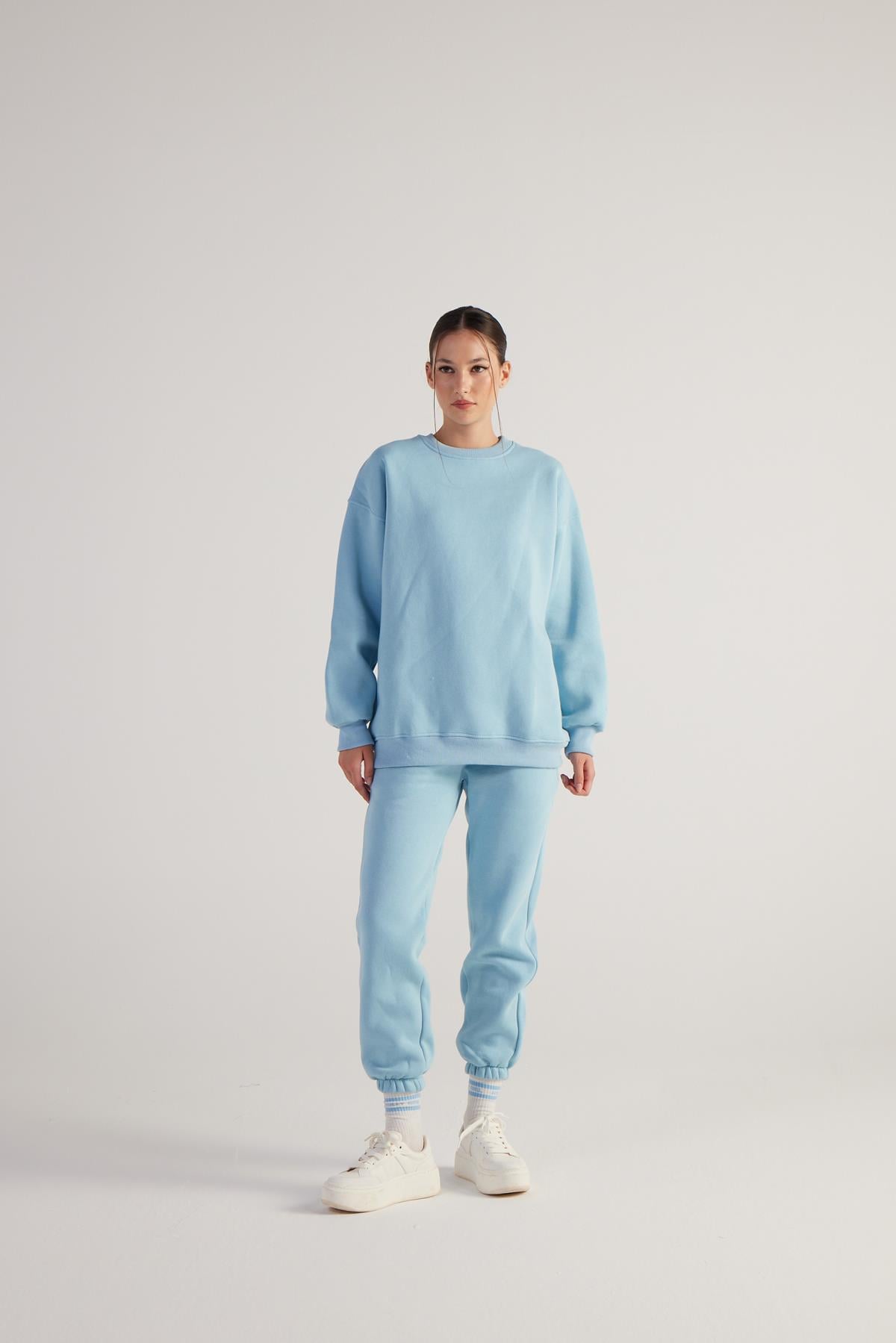 Kadın Mavi Oversize Şardonlu Yazı Baskılı Fluffy Sweatshirt