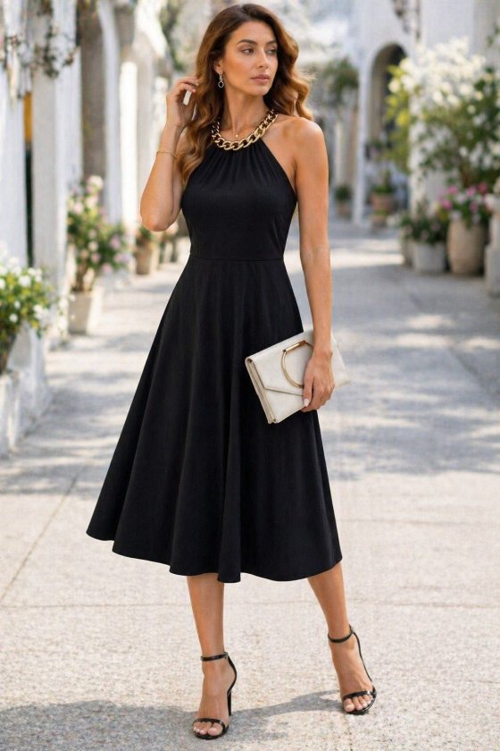 Women's Off-Shoulder Neck Chain Detail Midi Viscose Dress