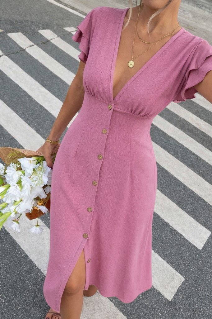 Women's Short Sleeve V Neck Front Button Crinkled Midi Dress