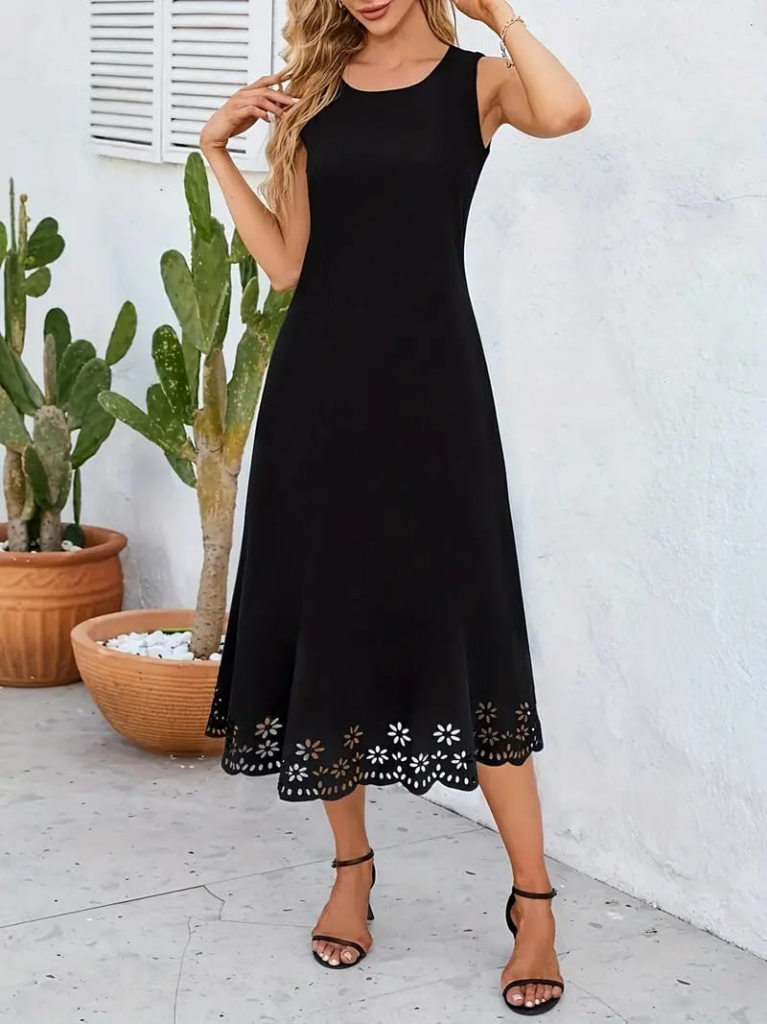 Women's Sleeveless Laser-Cut Hem Floral Pattern Midi Ruffled Crepe Dress