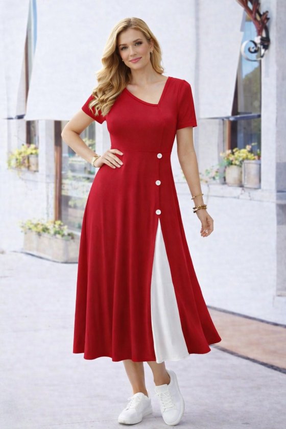 Women's Short Sleeve Asymmetric Collar Button Detail Midi Viscose Dress