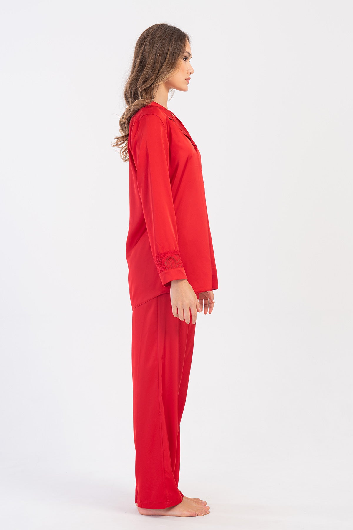 Woman Satin Exclusive Red Long Sleeve Pyjama Set