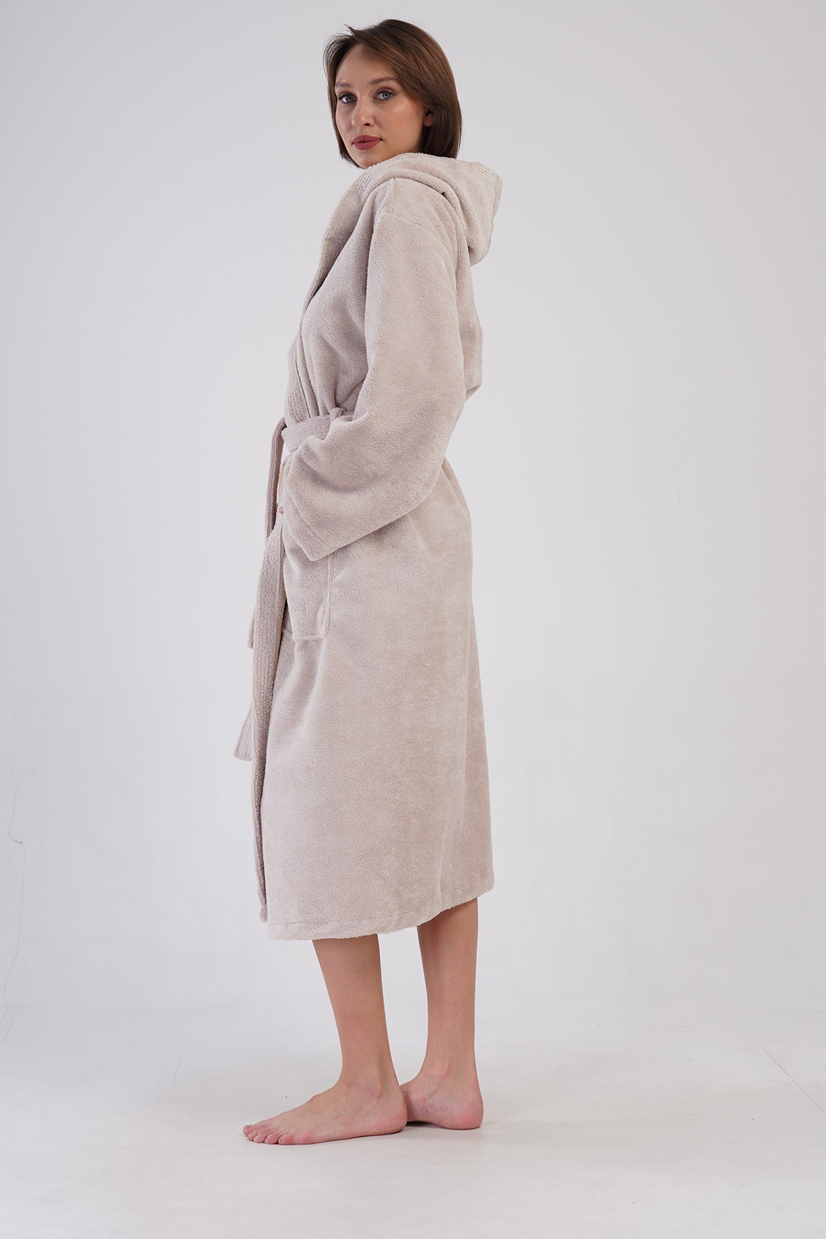 Woman Bukle Cream Hoodie Detail Bathrobe