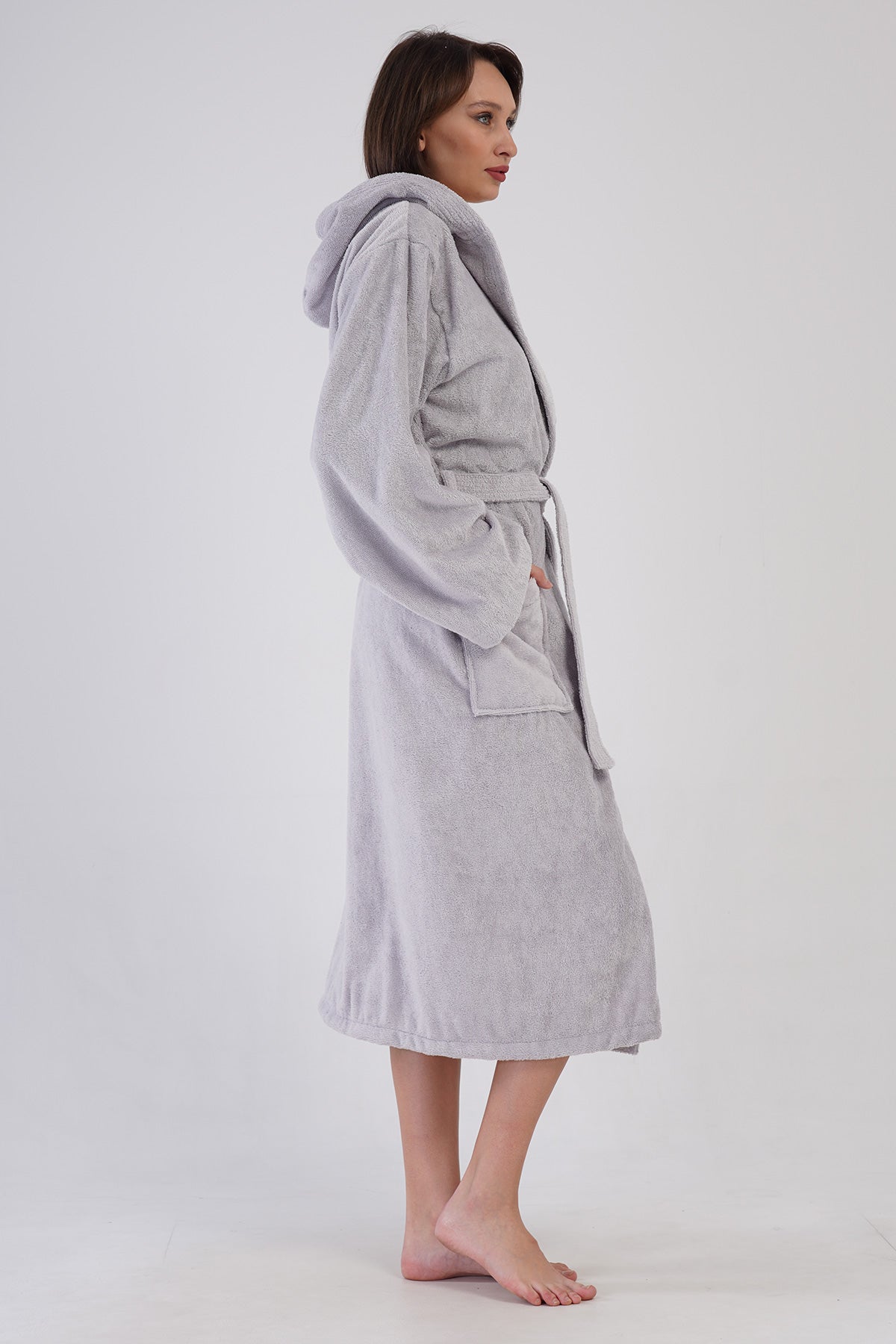 Woman Bukle Light Gray Hoodie Detail Bathrobe