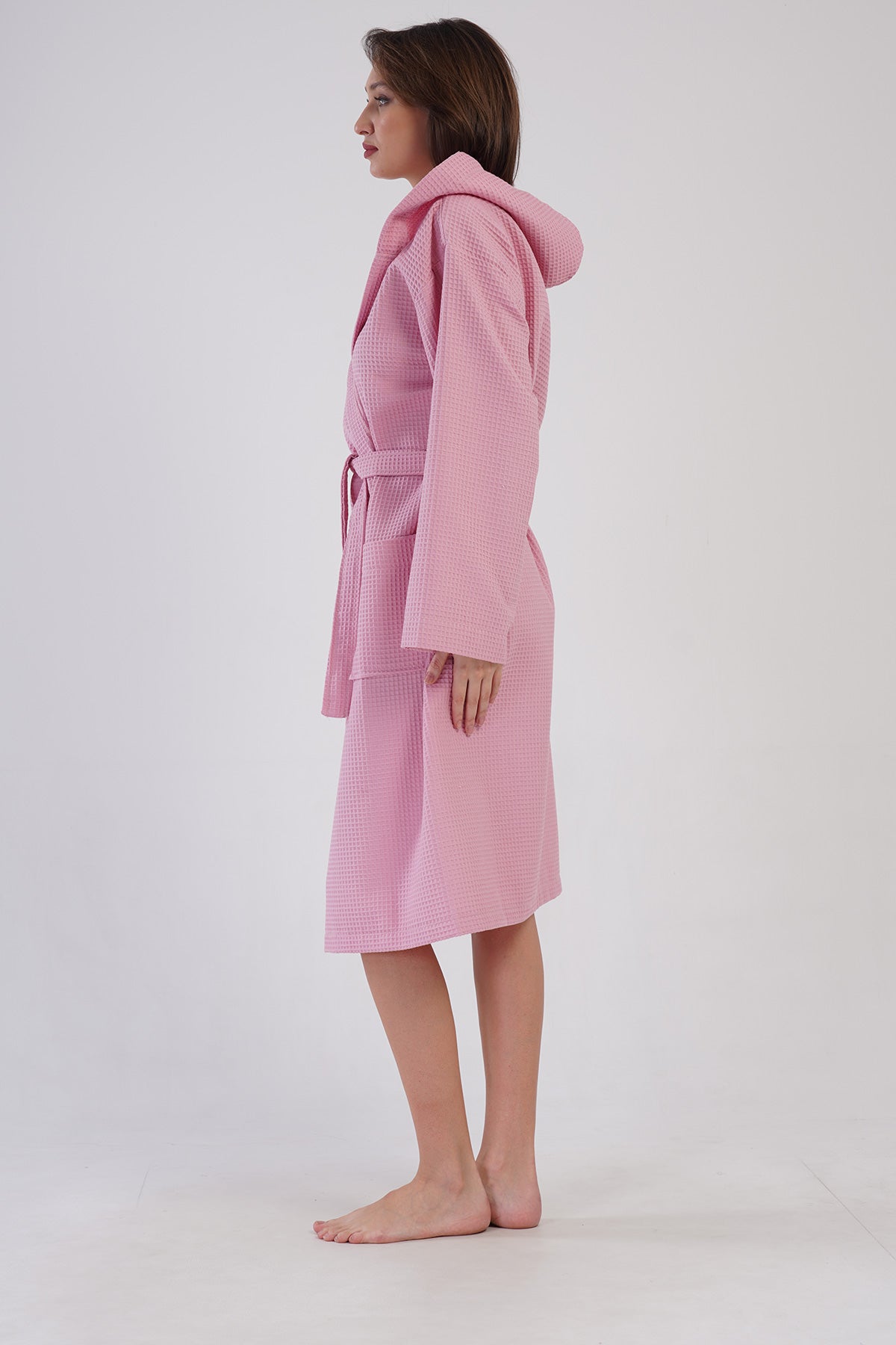 Woman Waffle Thin Hoodie Detail Bathrobe