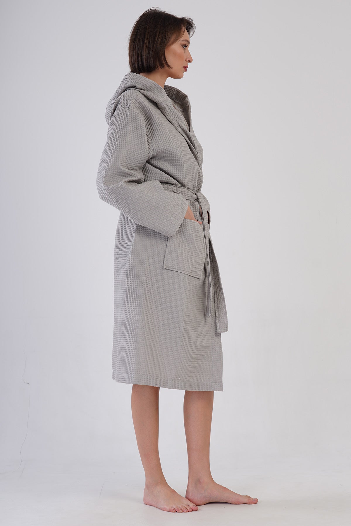 Woman Waffle Thin Hoodie Detail Bathrobe