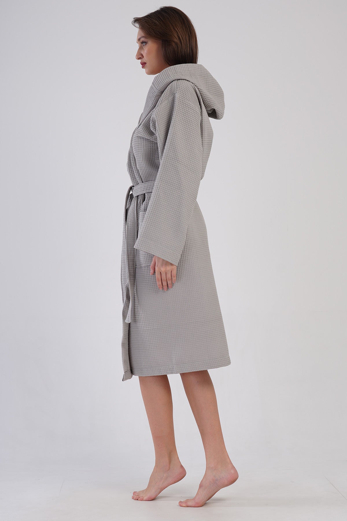 Woman Waffle Thin Hoodie Detail Bathrobe