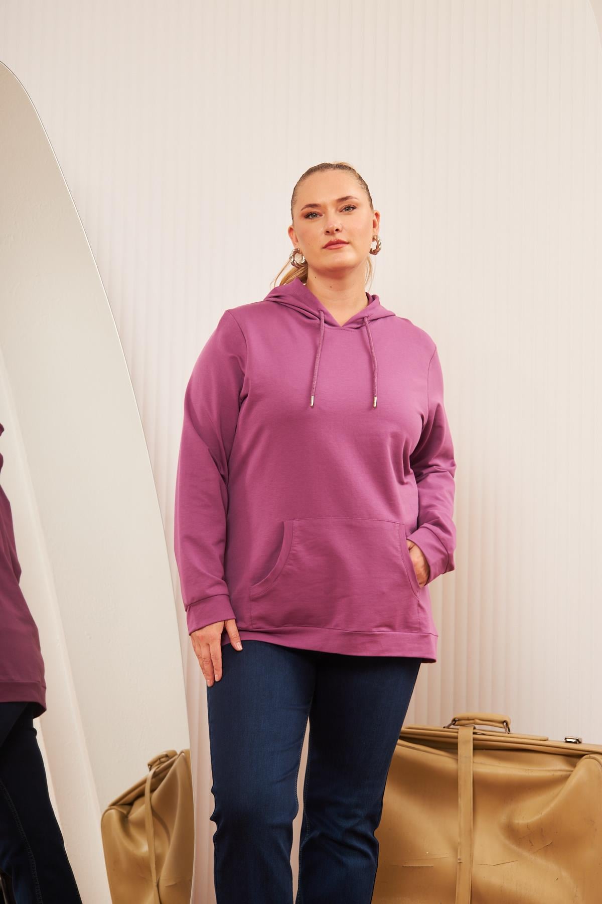 Kapşonlu Büyük Beden Mürdüm Sweatshirt