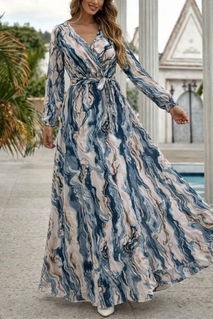 Women's Long Sleeve Wrap Neck Belted Patterned Supreme Maxi Dress