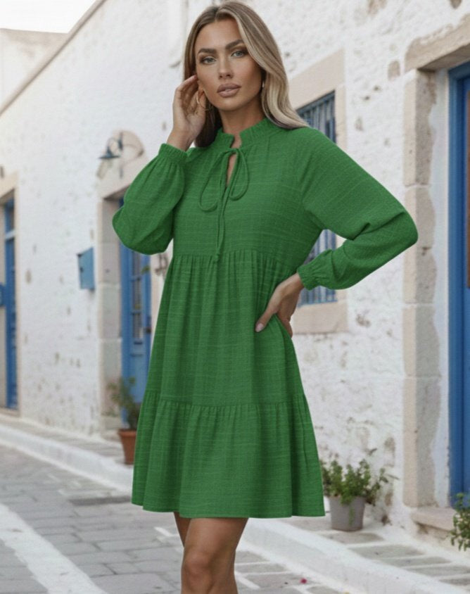 Women's Long Sleeve Tie Neck Ruffled Linen Mini Dress