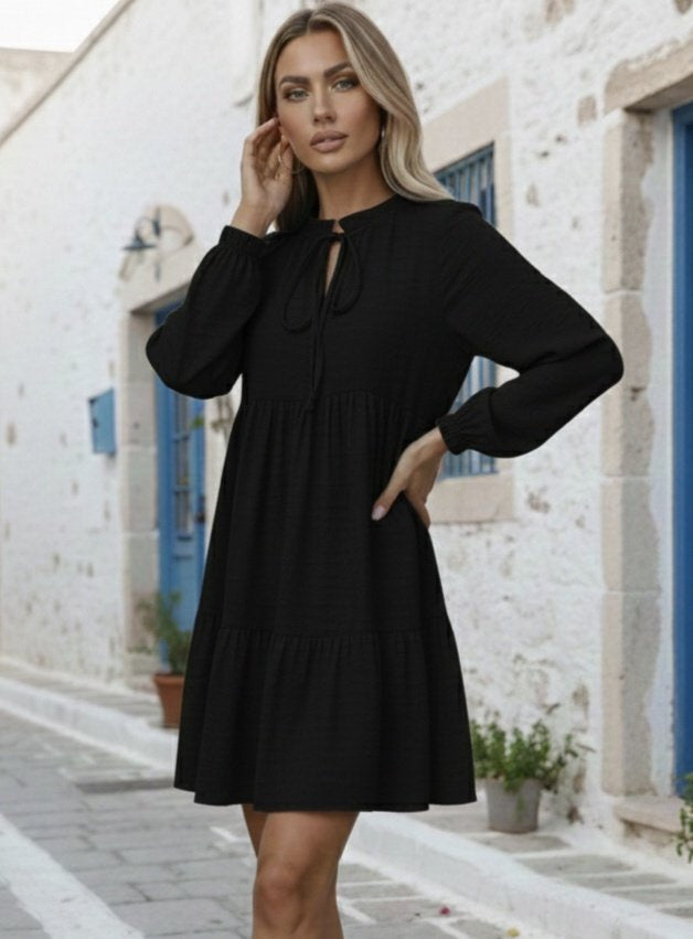 Women's Long Sleeve Tie Neck Ruffled Linen Mini Dress