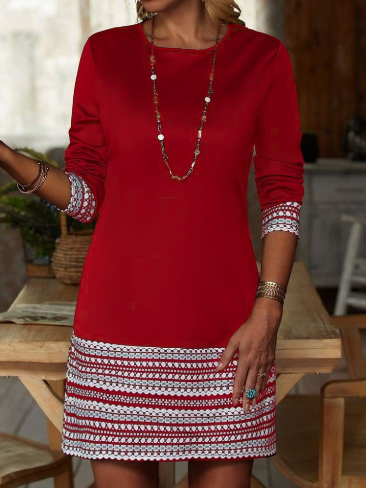 Women's Long Sleeve Crew Neck Printed Cuffs and Hem Double Thread Dress