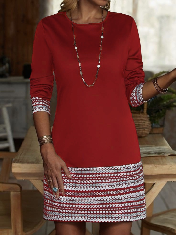 Women's Long Sleeve Crew Neck Printed Cuffs and Hem Double Thread Dress